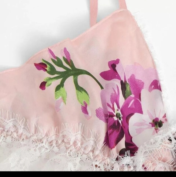 Pajama Set PJs Lace Satin Floral Bra Shorts - Picture 2 of 2